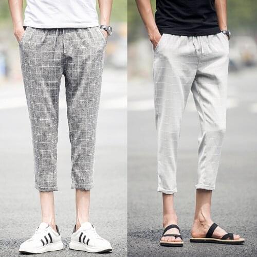 M-5XL Spring Summer Plaid Ankle-length Men Sweatpants Casual Linen Joggers Trousers 3 Colors Calabasas