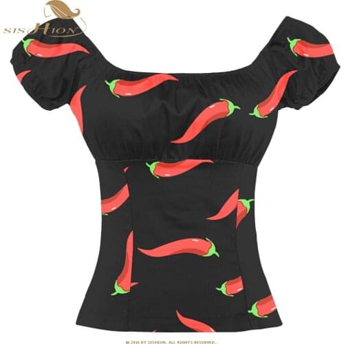 SISHION Vintage Womens Tops and Shirts SP0230 2019 Sexy Slim Red Pepper Off-Shoulder Womens Short Sleeve Summer Beach Shirts