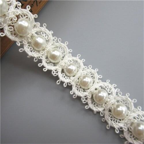 1 Meter 25mm White Polyester Pearls Lace Edge Trim Ribbon Fabric Embroidered Applique Sewing Craft Crochet Wedding Dress Clothes