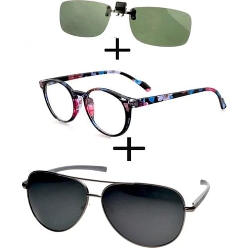 3Pcs!!! Rectangular Metal Business Reading Glasses Men Women + Polarized Sunglasses Sports Driving Fishing + Sunglasses Clip