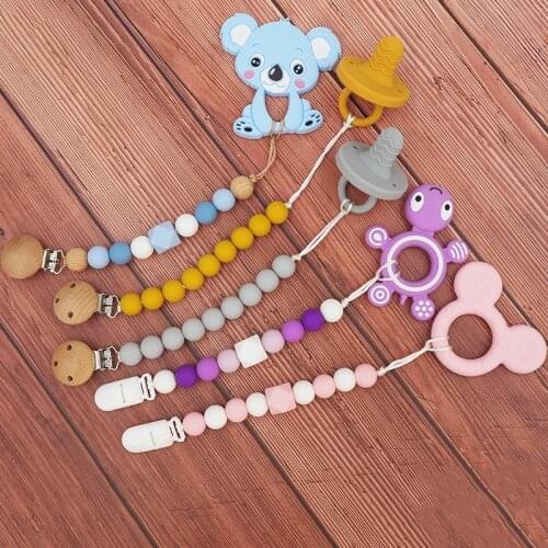 Chenkai 5pcs Silicone Plastic Clip Chain Nature Baby Rattle Grasping Fidget Toy DIY Organic Eco-friendly Wood Gift Accessories