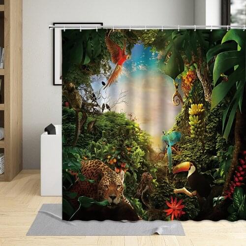 Jungle Landscape Wild Animals Bathroom Decor Curtains Leopard Parrot Palm Tree Monstera Leaves Forest Wildlife Shower Curtain