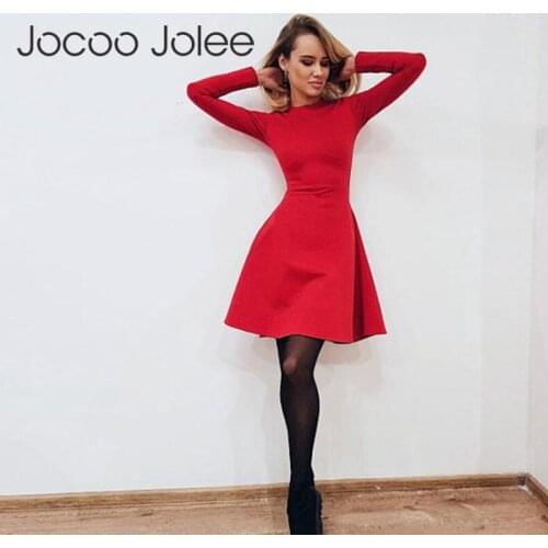Jocoo Jolee Casual Women Long Sleeve Bodycon Party Dress New Spring Slim Elegant A-Line Dress Autumn O Neck Solid Mini Dress