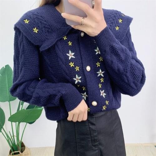 Autumn new vintage sweet embroidery Cardigans winter Korean single-breasted doll collar knitted cardigan sweater coat women 2021
