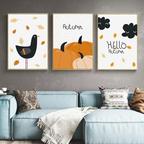 Cartoon Autumn Pumpkin Black Bird Moon Star Canvas Painting Wall Art Print For Nursery Childrens Room Home Decoration No Frame