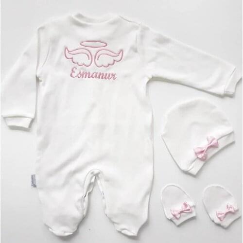 Pink Embroidered Beret Mittens Baby Girl Jumpsuit Baby Girl Romper Cotton Long Beret Baby Jumpsuit Infant Clothing Autumn