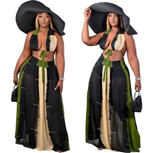 European and American summer womens fashion hollow hanging neck tube top color matching printed strappy sexy long skirt suit