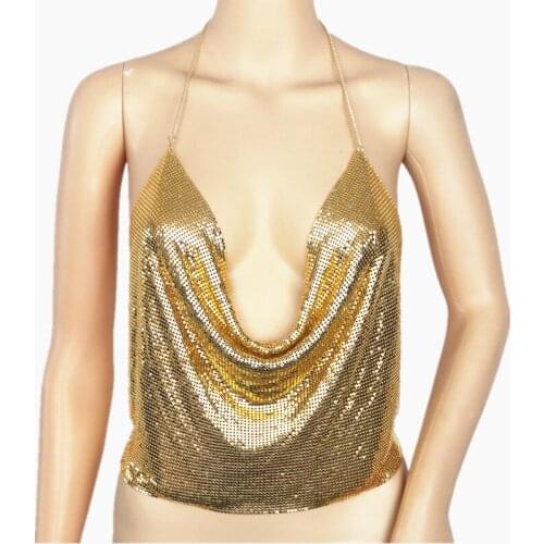 Fashion 2016 Gold sequined fold halter Backless simple thin tops summer beach club party sexy women lingerie Chic Metal Gold Bra