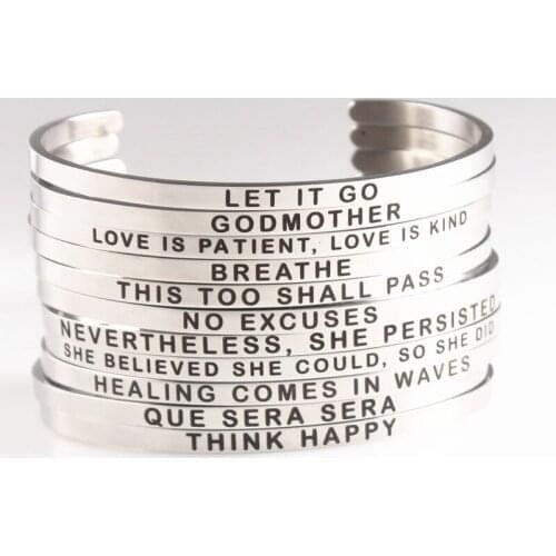 N o p q r 4mm inspirational cuff bangle for girls women 316L stainless steel engraved positive phrases mantra bracelet jewelry