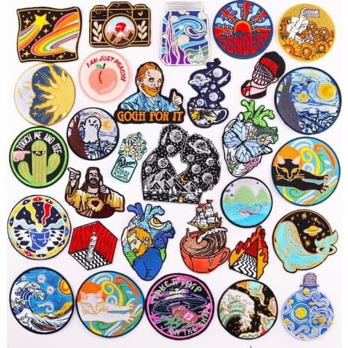 Van Gogh Heart Patch Outdoor Space Patches On Clothes Waves Applique Iron On Embroidered Patches For Clothing Stickers Badges