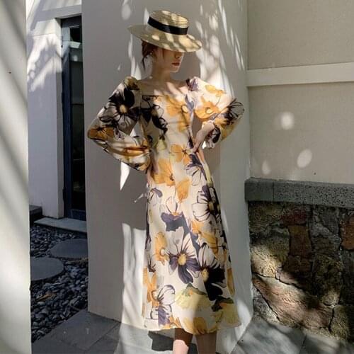 New Fashion Spring Casual Midi Dress Ladies Elegant Vacation Clothes Retro Sexy Square Collar Long Sleeve Boho Print Beach Dress