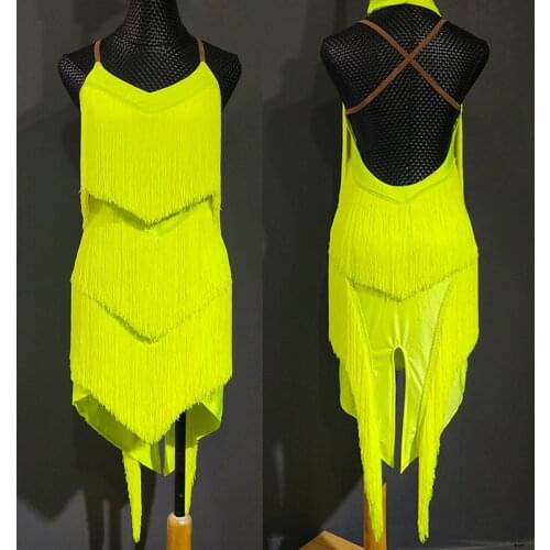 New Latin Dance Dress Girls Costume Professional Competition Wear ChildrenS Yellow Fringe Dress Performances Tassel Skirt 1565