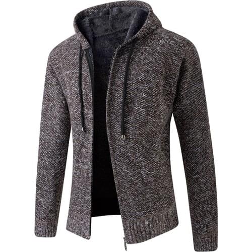 Pure color hooded sweater mens fall winter must-have casual zipper cardigan plus plush warm sweater jacket solid color coat