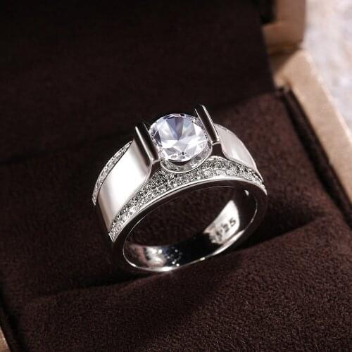 Punk Silver Color Big Wedding Ring Luxury Male Female White Crystal Rings For Women Men Charm Round Zircon Stone Engagement Ring