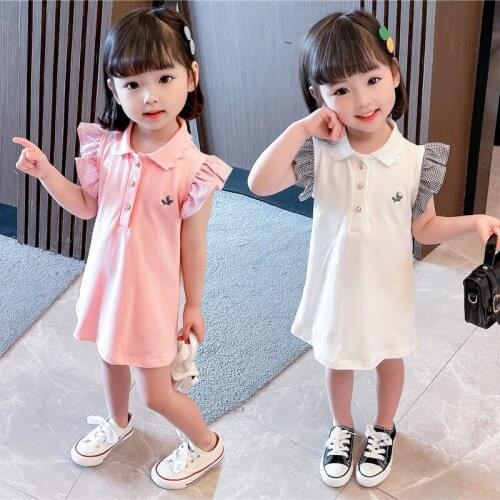 Baby Girls Dress Summer White Pink Embroidery Polo Flying Sleeve Princess Dress 2021 New Childrens Korean Preppy Style Skirt