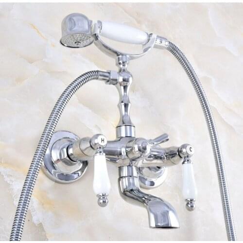 Polished Chrome Brass Double Ceramic Handles Wall Mounted Bathroom Clawfoot Bathtub Tub Faucet Mixer Tap w/Hand Shower atf875