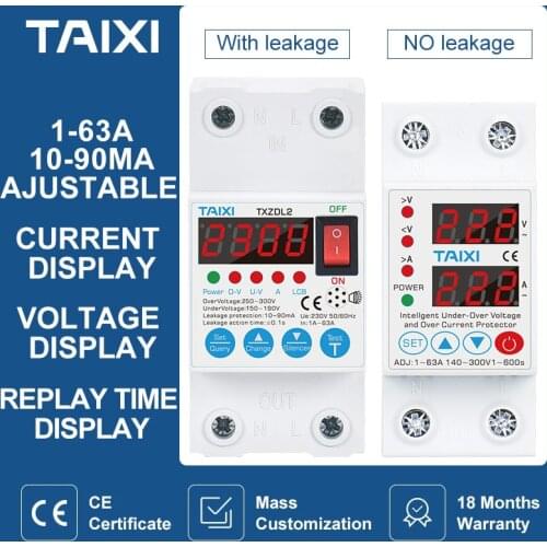 Adjustable10A 20A 40A 63A Over-voltage Under-voltage Leakage Multi-function Power Protector Relay Circuit breaker