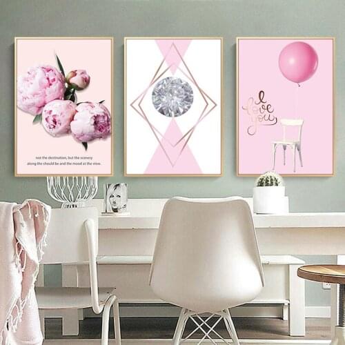 Pink Rose Balloon Big Diamond White Chair Wall Sticker Nordic Plant Flower Print Scandinavian Canvas Print Art Picture
