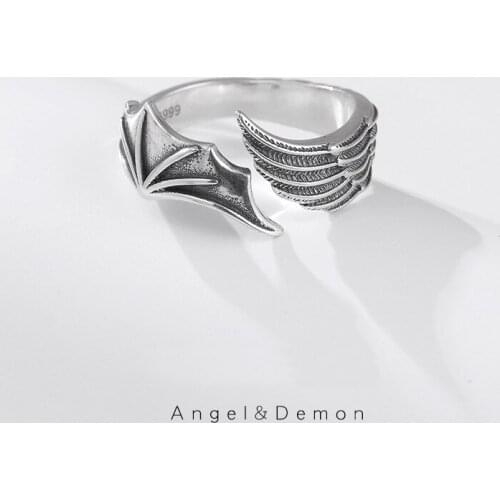 S999 Silver Unisex Fashion Personality Devil Angel Wings Hug Open Ring TJ-138