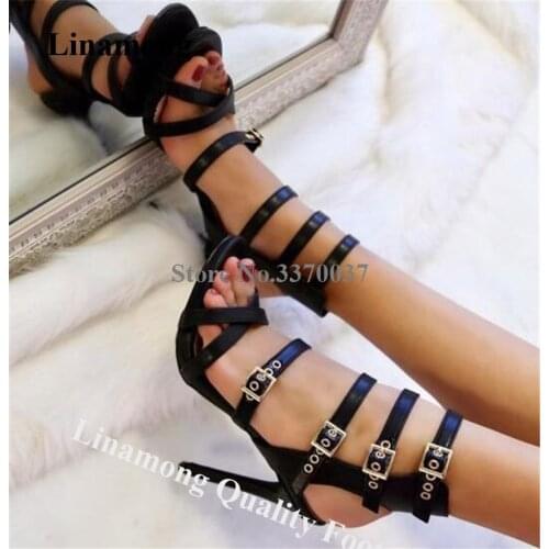 Linamong Fashion Black Thin Straps Cross Stiletto Heel Gladiator Sandals Straps Buckles High Heel Sandals Formal Dress Shoes