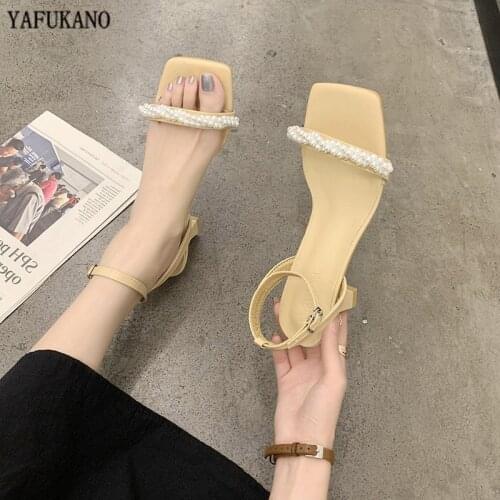 Simple Strange Heel Women Sandals Brand Design French Style String Bead One Word Band Square Toe High Heels Ankle Buckle Strap