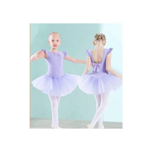 Girls' Skirted Ballet Leotard Gymnastics Dance Dress 4 Layer Tutu Skirt Bowtie Decorated Pink Purple Free Shipping