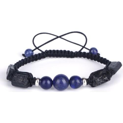 Dark Blue Lapis Lazuli Healing Rough Black Tourmaline Semi Precious Mineral Stone Beads Charm Macrame Bracelet Unisex Women Man