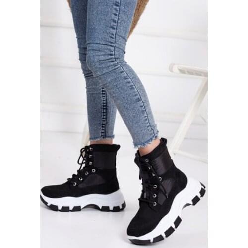 Warm Pocket Boot Lace Up Ladies Ankle Boots Female Buckle Strap Black Chunky Sole Pouch Ankle Boots Woman Platform Shoe Fashion