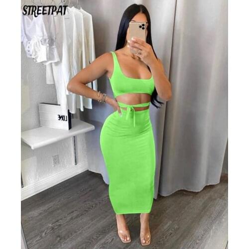 Solid Ribbons Sexy Crop Top High Waist Long Skirts 2 Piece Sets Womens Outfits Summer Halter Elastic Skinny Dress Sets Femmer