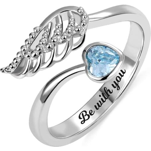 Uonney Dropshipping Personalized Engraved Ring With Angel Wing Customized Trendy Shiny Birthstone Ring Jewelry Gift