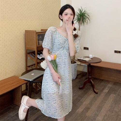 European and American Style V-neck Floral Short-sleeved Dress Womens Summer New Korean Style High-waist Slim Midi Skirt
