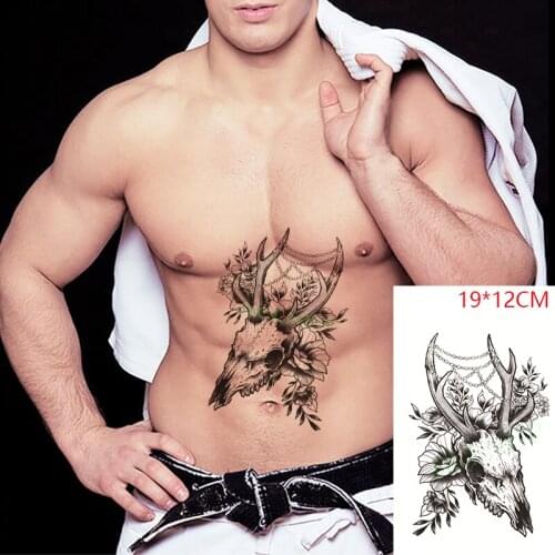 Waterproof Temporary Tattoo Stickers Goat Skull Horn Flower Head NecklaceFake Tatto Flash Tatoo Body Art for Women Men