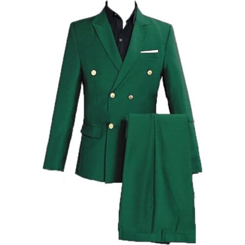 Green Groom Tuxedo Wedding Singer Suits Double Breasted Slim Fit Suit Prom Dresses Fashion Casual Suit Men
