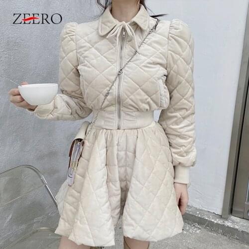 Autumn Winter Woman Vintage Cotton Clothes Two Piece Set Solid Color Lingge Lapel Puff Sleeve Jacket + Big Swing Mini Skirt Suit