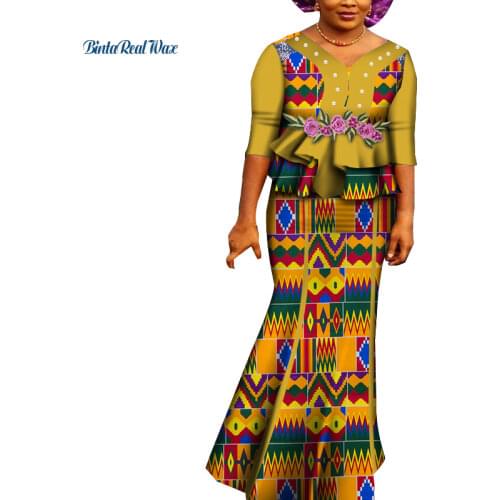 2 Piece Skirt Sets African Women Clothes Double Layer Tops and Skirt Sets Peals Print Party Women Bazin African Clothing WY7485