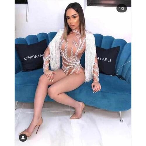 New Fashion Pearls Women Bodysuits Long Tassels Leotard Nightclub Jumpsuits Sexy Singer Dancer Stage Costumes