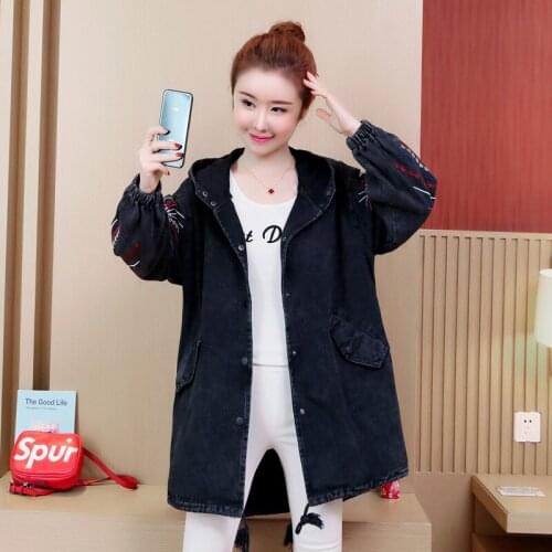 New 5XL Autumn Women Coats Plus Size Fashion Casual Loose Embroidery Hooded Jeans Trench Coat For Women Larger Denim Outerwear