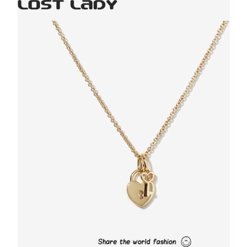 Lost Lady New Fashion Key And Lock Heart Necklace For Women Gold Color Metal Pendant Necklace Wholesale Accessories Party Gifts
