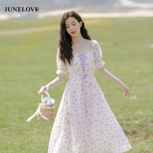 JuneLove Vintage Kawaii Floral Midi Dress Women Elegant Sweet Print Short Sleeve Dresses Romantic Bandage Dresses Summer 2021
