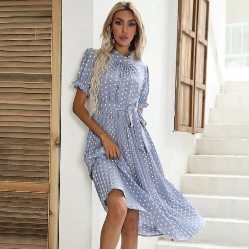 Vintage Short Sleeve Polka Dots Light Blue Robe Party Vacation Clothes Streetwear Elegant Summer Midi Pleated Dress for Women