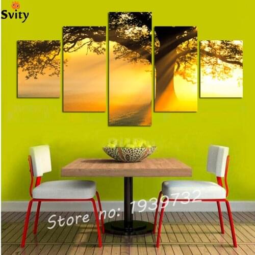 2016 modern Canvas Printed Sunshine Tree Wall Pictures Por Living Room 5 Panel Beautiful Pictures Painting F1728