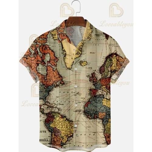 2021 Summer Short-sleeved Shirt Oversize Map Element Digital Print Shirt Mens Top Hawaiian Turn Down Collar Blouses Shirt