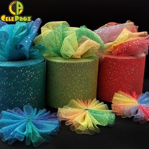 6Cm 25Yards Gradient color Tulle Iridescent Rainbow Mesh Ribbon DIY Headband Bowknot Bouquet Wedding Brithday Party Decor Supply