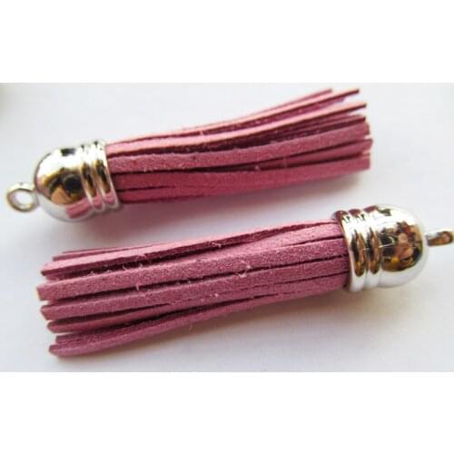 Free Shipping 100Pcs 59mm Pink Purple Suede Leather Jewelry Tassel For Key Chains/ Cellphone Charms Top Plated End Caps Cord