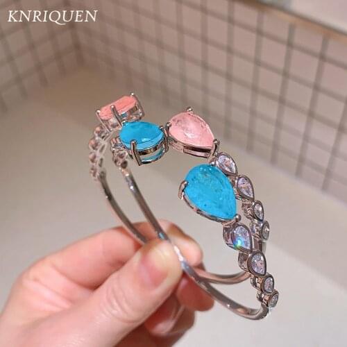 2021 New Arrival 10*18mm Pink Crystal Paraiba Tourmaline Gemstone Bracelet 925 Sterling Silver Wedding Engagement Womens Bangle
