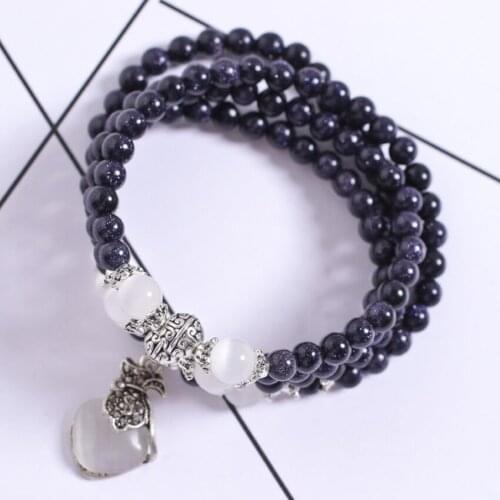 Ethnic Style Silver Plated Multi Layer Cat Eye Stone Elastic Bracelet for Women Blue Sand Quartz Jewelry