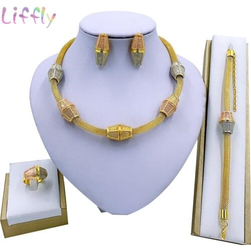 Liffly Dubai Gold Jewelry Three-Color Necklace Bracelet Earrings Ring Wedding Elegant Bridal Fashion Jewelry Sets