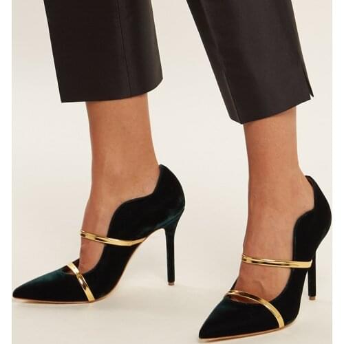 Fashion Ladies Double Bling Straps Velevt Pumps Sexy Shoes Slip on Thin Heel Party Wave Shape Low Cut Point Toe Ladies High Heel