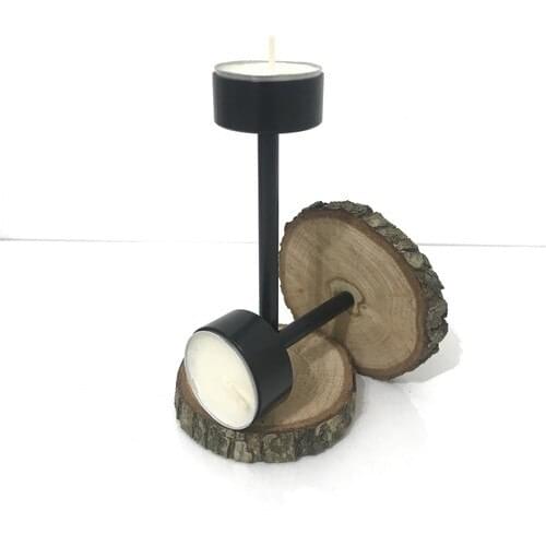 Mumsema Gift Wood-Based Metal 2'li Candlestick & Candle holder