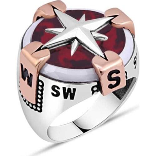 Agate Stone With Compass Silver Men 'S Ring